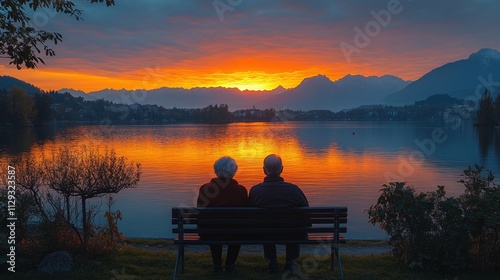 Serene sunset: elderly couple enjoying tranquil evening by peaceful lake with mountain backdrop