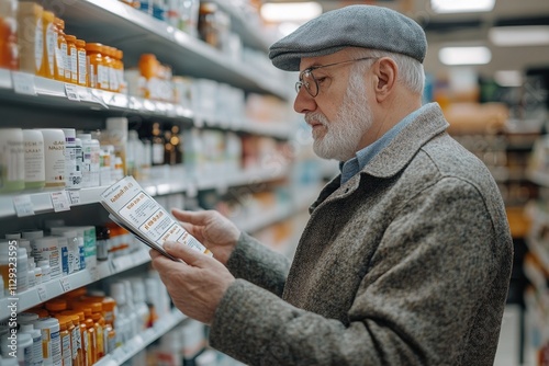 Senior man reading medicine labels in pharmacy aisle for health care awareness