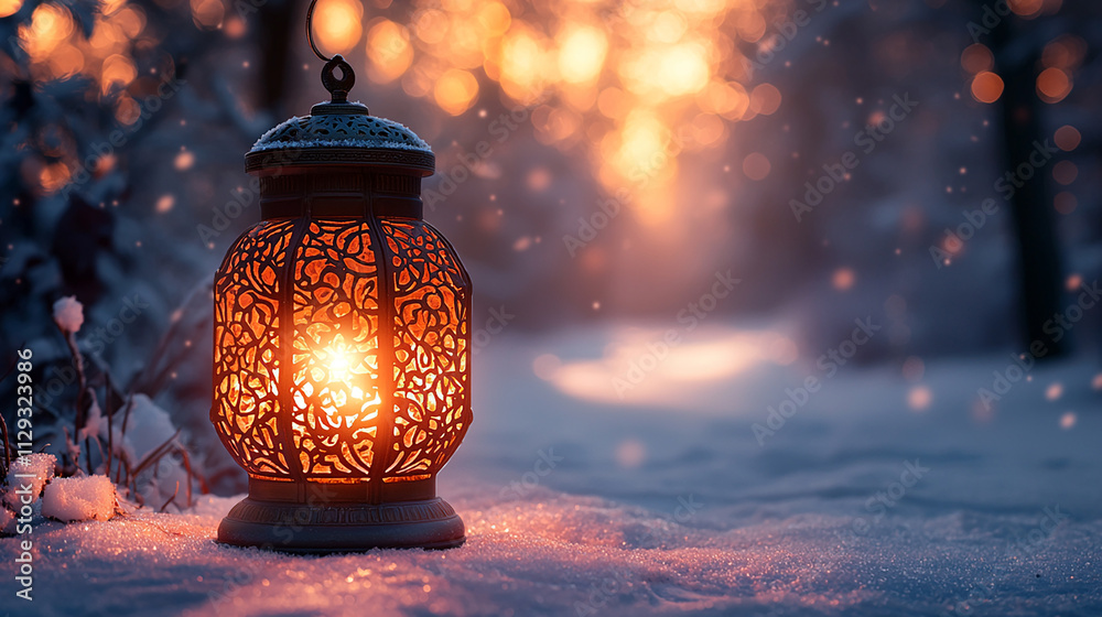 Christmas Lantern with Golden Patterns Glowing on Snowy Path Christmas Lantern with Golden Patterns Glowing on Snowy Path