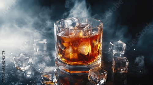 A glass of whiskey on the rocks surrounded by smoke and ice cubes in a moody setting.