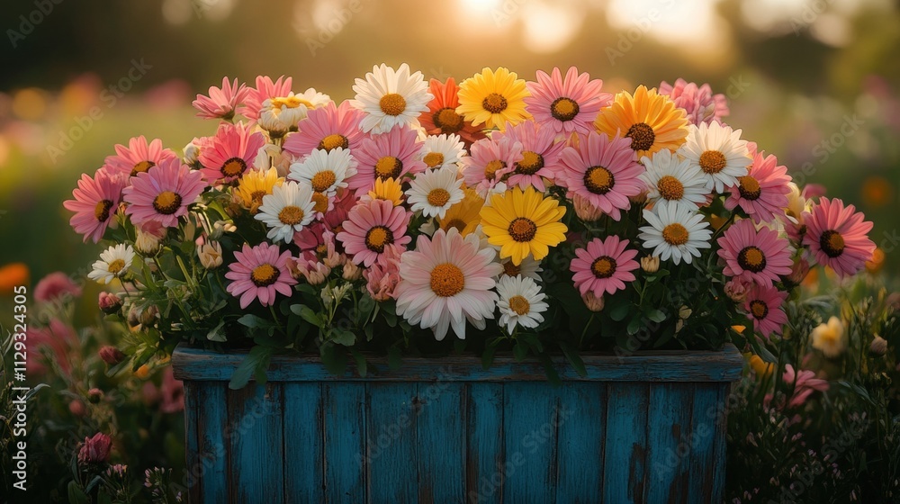 Vibrant daisies in rustic wooden planter at sunset in blooming garden Vibrant daisies in rustic wooden planter at sunset in blooming garden
