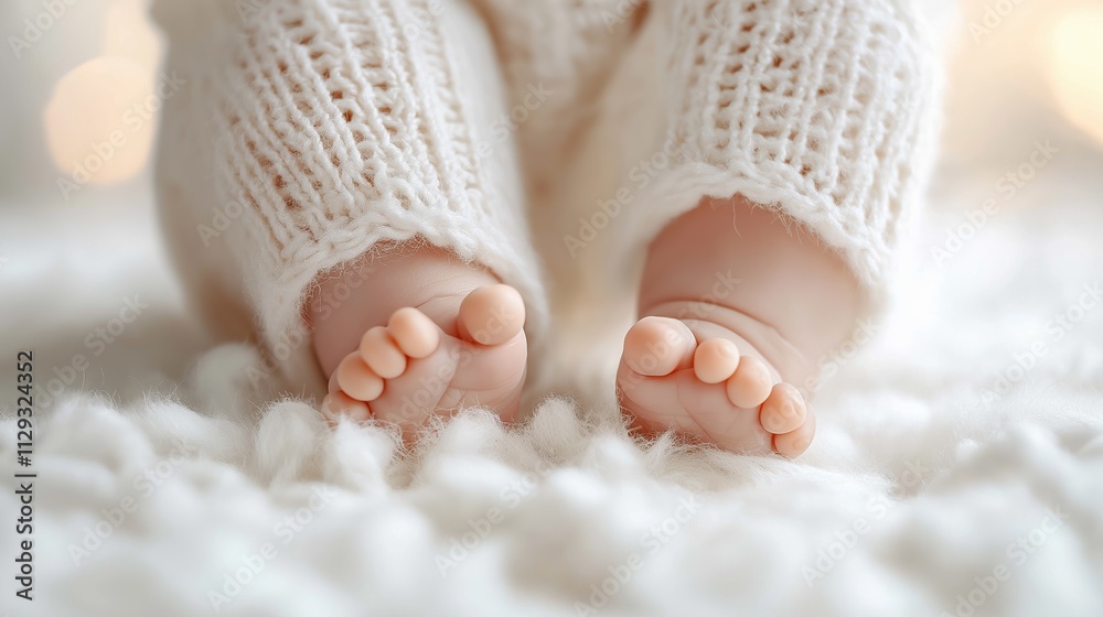 Adorable baby feet in soft knit trousers on fluffy blanket