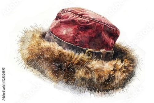 A painting of a luxurious fur-collared hat, perfect for winter or formal occasions photo