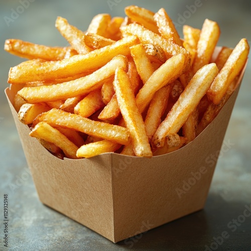 A box of French fries sitting on a table, ready to be enjoyed