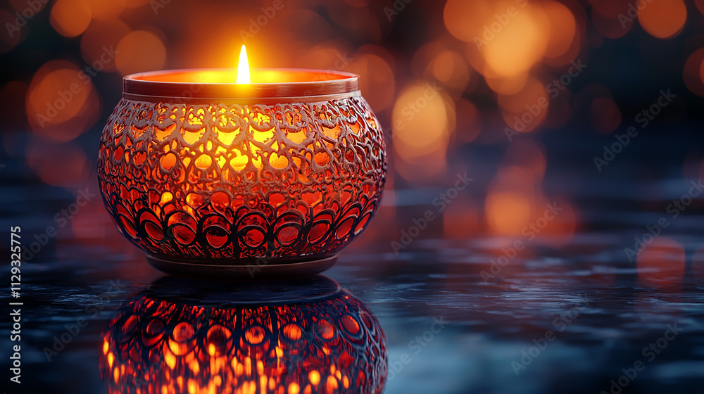 Golden Candle Holder with Intricate Patterns and Glowing Candle