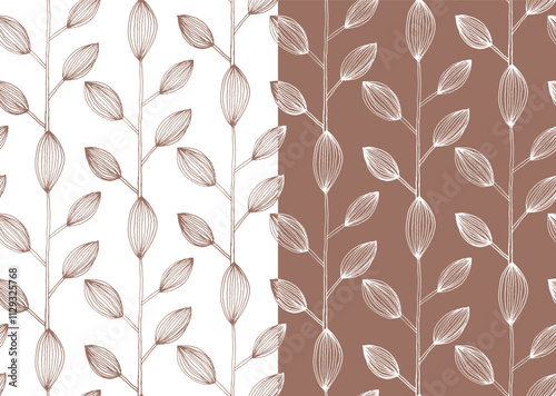 Vector seamless pattern design with hand drawn sketch leaves illustration and mocha mousse color