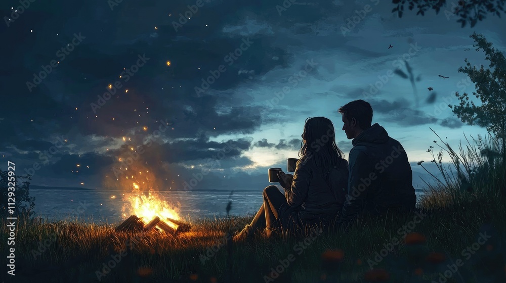 Couple enjoys a campfire by a lake at night. Couple enjoys a campfire by a lake at night.