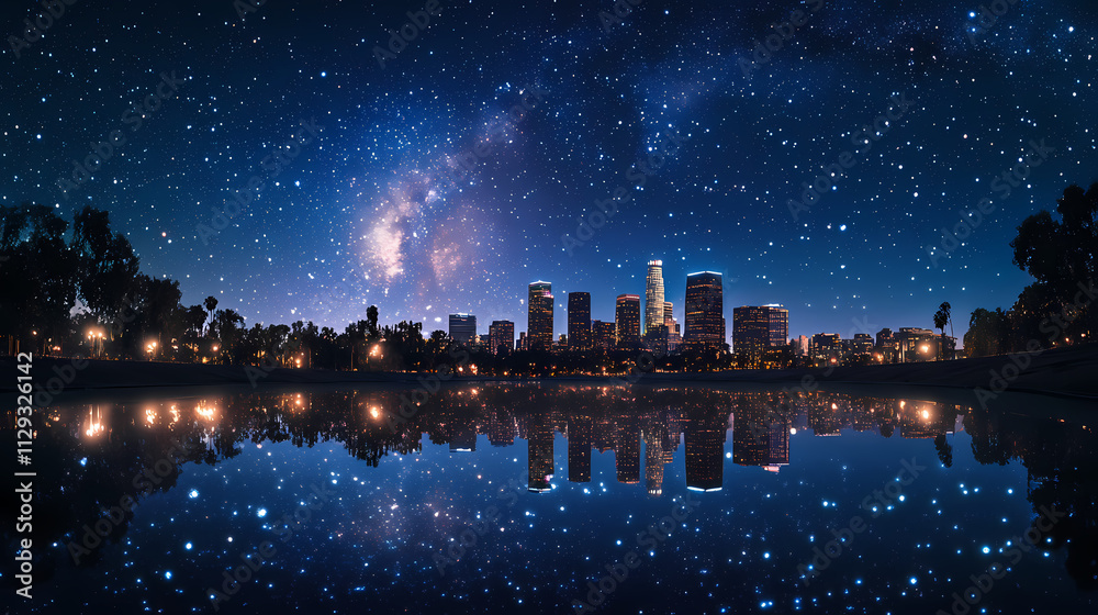 Naklejka premium A nighttime view of los angeles skyline with a glimmering starry sky reflected in water. Horizon. Illustration