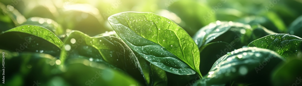 Fototapeta premium Close-up of vibrant green leaves glistening with water droplets, illuminated by soft sunlight, showcasing nature's beauty and freshness.