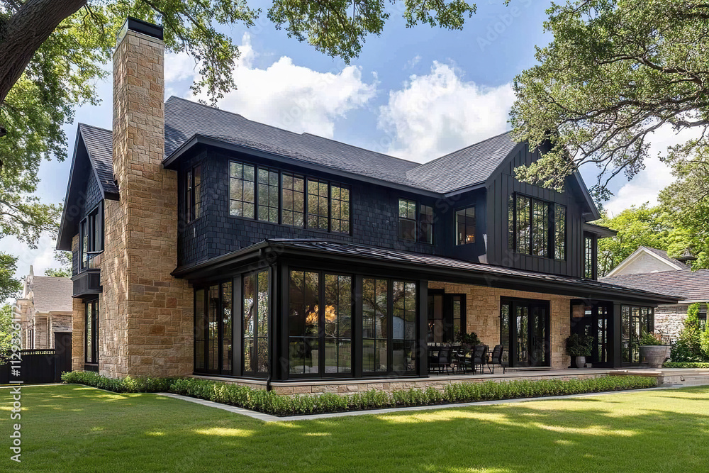 A modern farmhouse-style home in black with large windows and an exterior stone wall, nestled on the green lawn of Texas. The house has multiple glass doors leading to a spacious patio area. A modern farmhouse-style home in black with large windows and an exterior stone wall, nestled on the green lawn of Texas. The house has multiple glass doors leading to a spacious patio area.