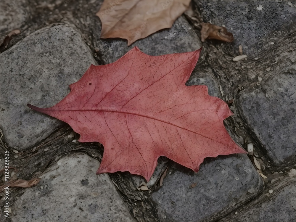 A delicate close-up of a rain-soaked maple leaf resting on cobblestones, reflecting subtle shades of autumn A delicate close-up of a rain-soaked maple leaf resting on cobblestones, reflecting subtle shades of autumn