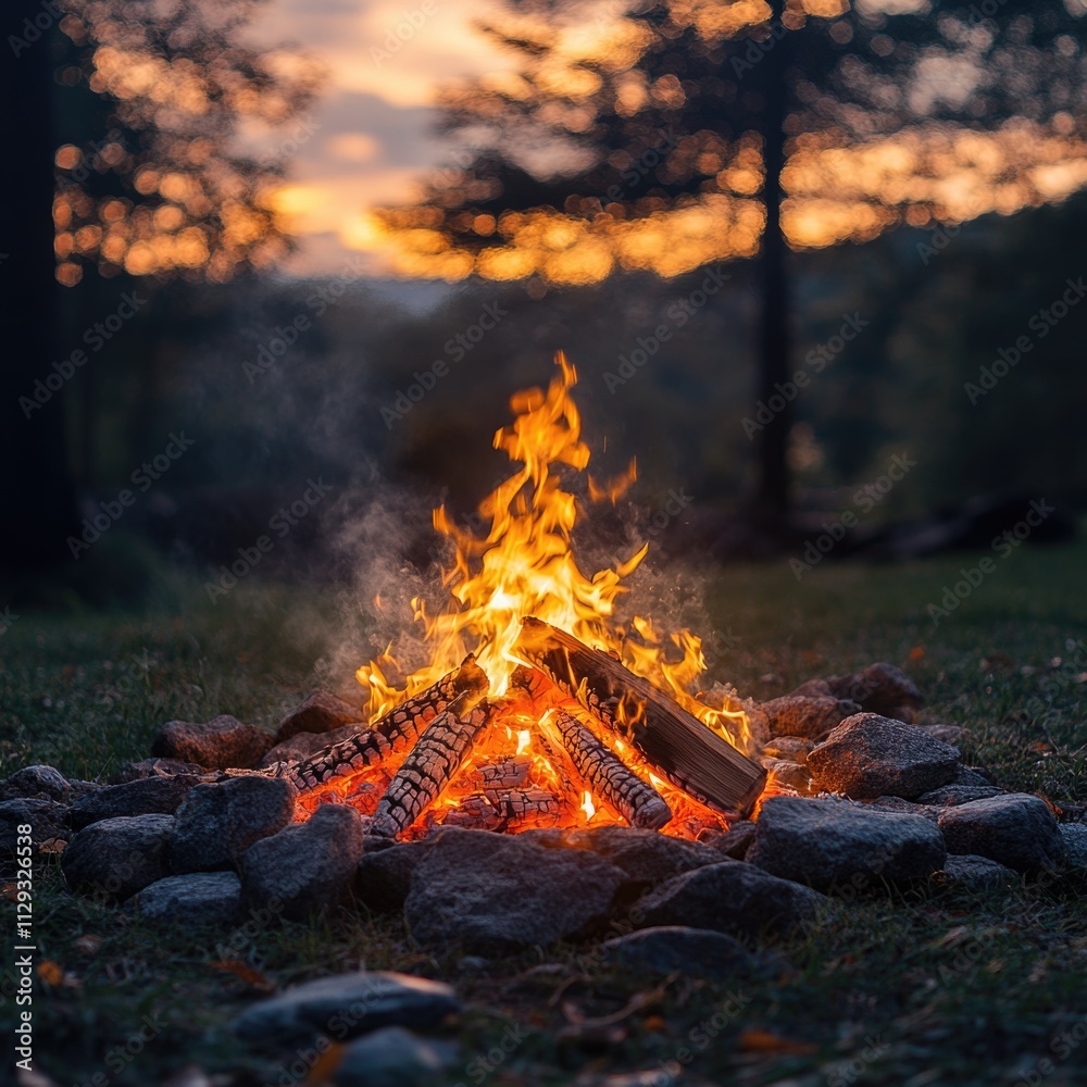 A warm and cozy campfire in the center of a lush green field, perfect for outdoor gatherings or scenic landscapes A warm and cozy campfire in the center of a lush green field, perfect for outdoor gatherings or scenic landscapes