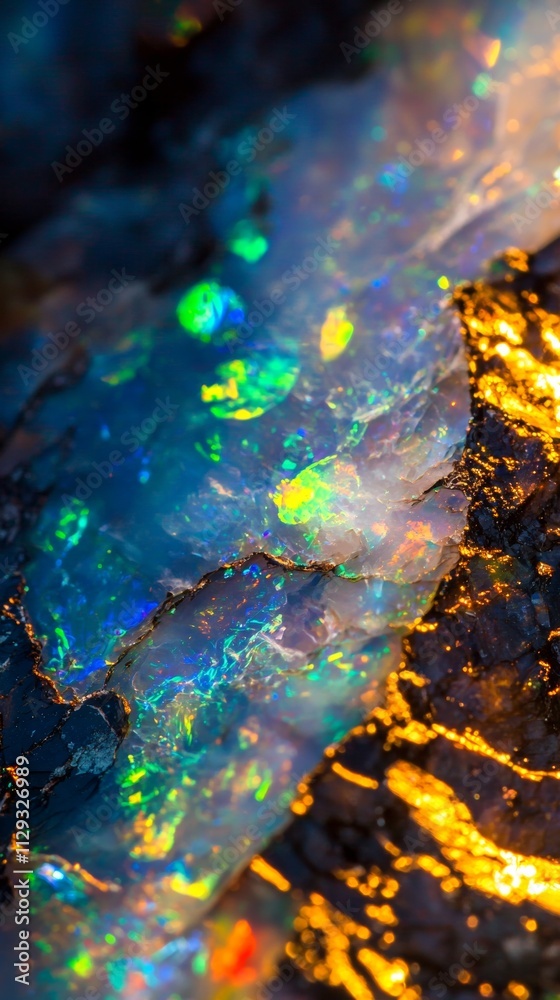 Macro close-up revealing a vibrant opal gemstone's iridescent colors and golden inclusions, showcasing a mesmerizing play of light and intricate microstructure Macro close-up revealing a vibrant opal gemstone's iridescent colors and golden inclusions, showcasing a mesmerizing play of light and intricate microstructure