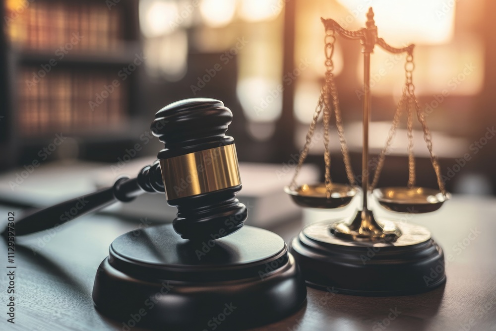 A judge's gavel resting on a wooden table, perfect for law or courtroom scenes