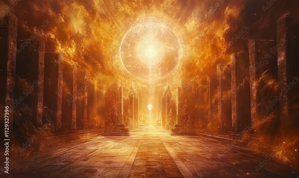 Naklejka premium Golden hall, fiery sky, bright orb, ancient columns.