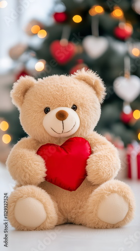 A fluffy teddy bear holding a bright red heart, blurred Valentine's Day decorations on the background
