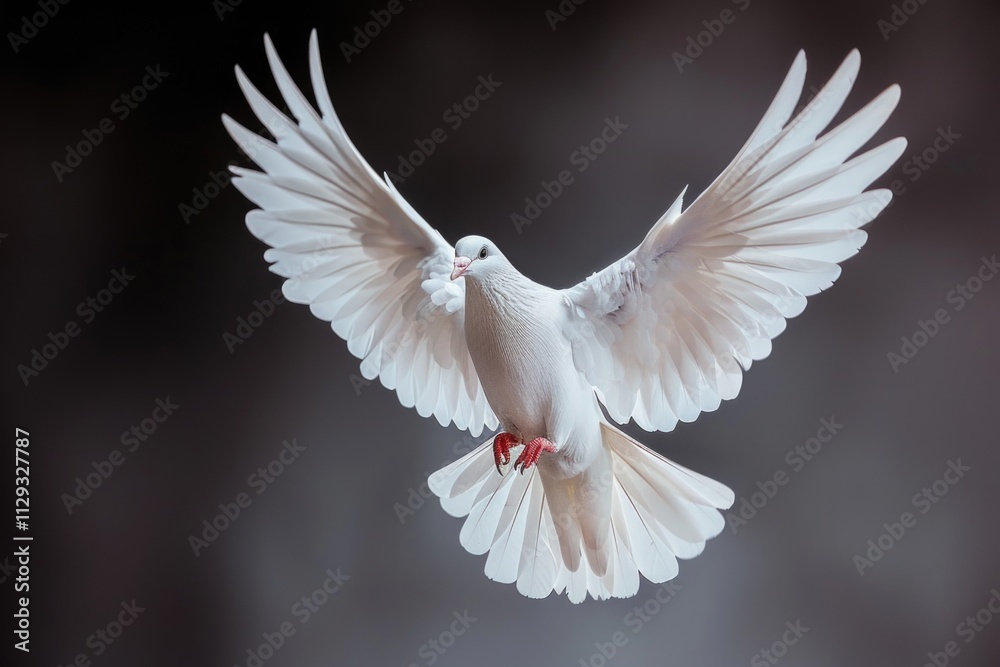 Fototapeta premium A white dove in flight with its wings spread