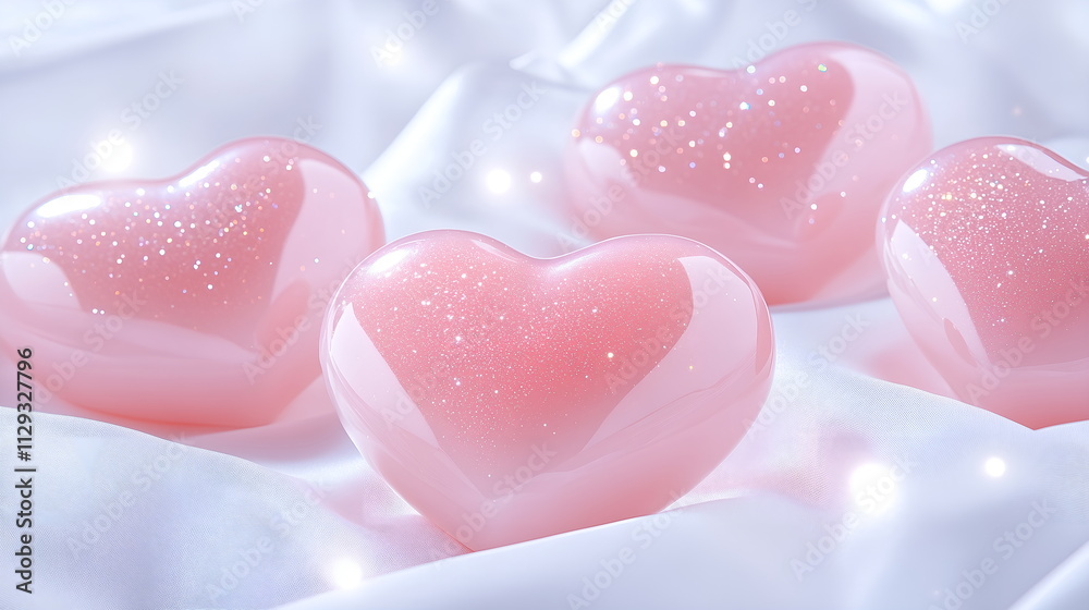 Obraz premium Pink heart-shaped object, arranged neatly on a white satin surface with subtle lighting emphasizing charm