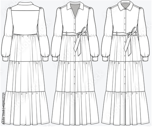 LONG LENGTH TIERED DRESS WITH FRONT OPEN SELF BELT TIE UP DETAIL DESIGNED FOR YOUNG WOMEN AND WOMEN IN VECTOR FILE