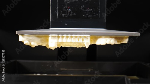 3d printer creates a set of human teeth for dentistry, slowly lowering them into a vat of liquid. This innovative process showcases advancements in dental technology and manufacturing. 4 k video