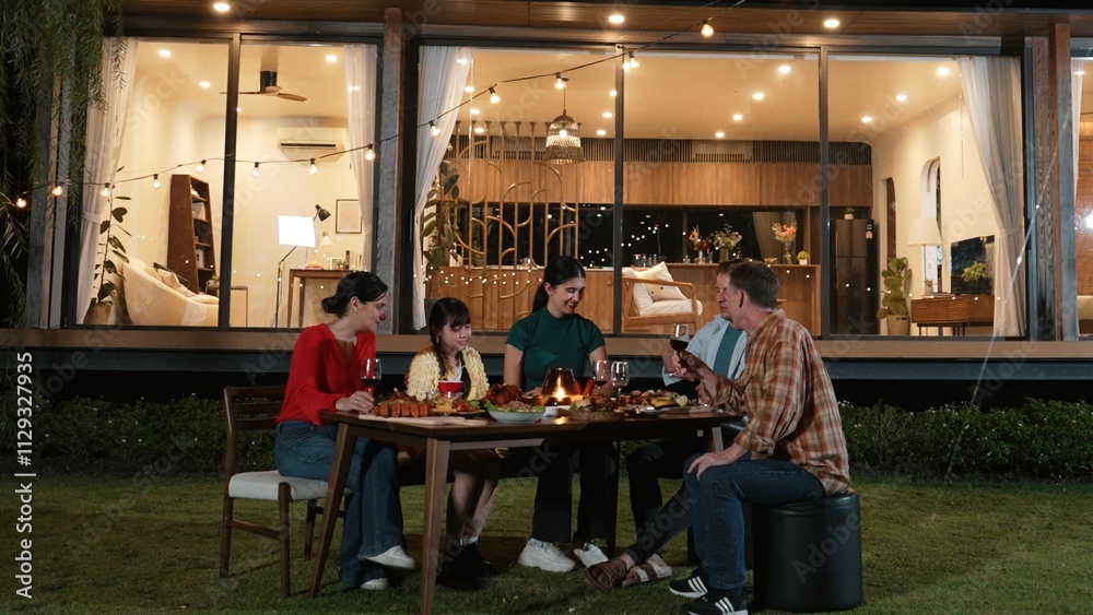Family gather celebrate holiday. Parents, grandparents and girl together to talk and have dinner party food. Outdoor activity for spending time with multigeneration cross generation gap. Divergence. Family gather celebrate holiday. Parents, grandparents and girl together to talk and have dinner party food. Outdoor activity for spending time with multigeneration cross generation gap. Divergence.