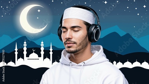 Muslim Young man with headphones listening to Spirtual. Ramadan Kareem background photo