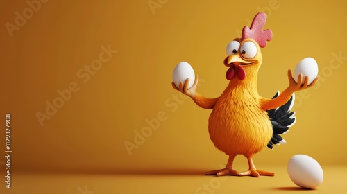 A cartoonish chicken juggles eggs against a bright yellow background, showcasing a playful and whimsical scene.