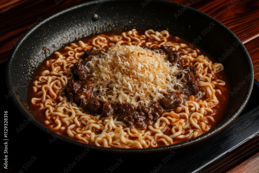 Beef noodles in a skillet topped with shredded cheese. Beef noodles in a skillet topped with shredded cheese.