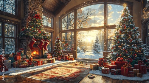 Christmas morning scene with excited children unwrapping presents under a glowing tree stockings overflowing and the room filled with festive joy photo