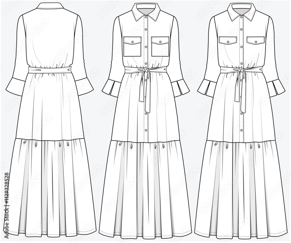 MAXI TIERED SHIRT DRESS WITH UTILITY POCKET DETAIL DESIGNED FOR YOUNG WOMEN AND WOMEN IN VECTOR FILE MAXI TIERED SHIRT DRESS WITH UTILITY POCKET DETAIL DESIGNED FOR YOUNG WOMEN AND WOMEN IN VECTOR FILE