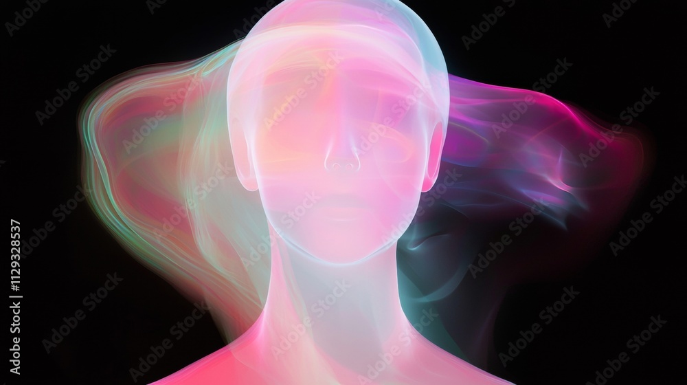 Colorful light trails flowing around a translucent human head symbolize the connection between artificial intelligence, consciousness, and the digital realm Colorful light trails flowing around a translucent human head symbolize the connection between artificial intelligence, consciousness, and the digital realm