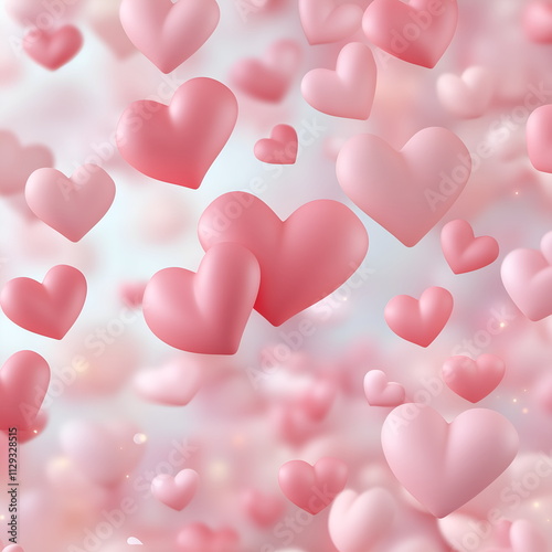 Pink hearts scattered across a pastel background, creating a dreamy and romantic atmosphere, perfect for Valentine's Day