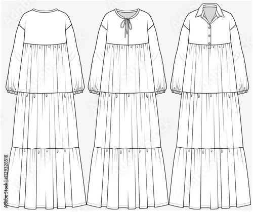 DROP SHOULDER TIERED DRESS WITH LONG SLEEVES DETAIL DESIGNED FOR YOUNG WOMEN AND WOMEN IN VECTOR FILE