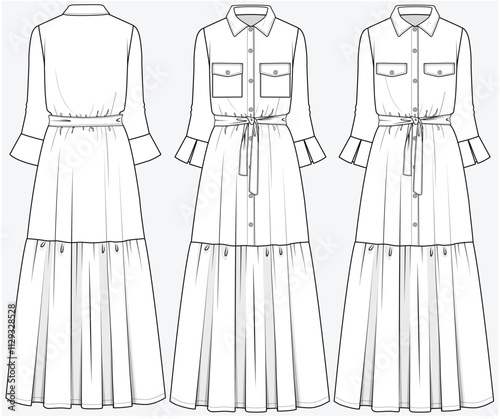 MAXI TIERED SHIRT DRESS WITH UTILITY POCKET DETAIL DESIGNED FOR YOUNG WOMEN AND WOMEN IN VECTOR FILE