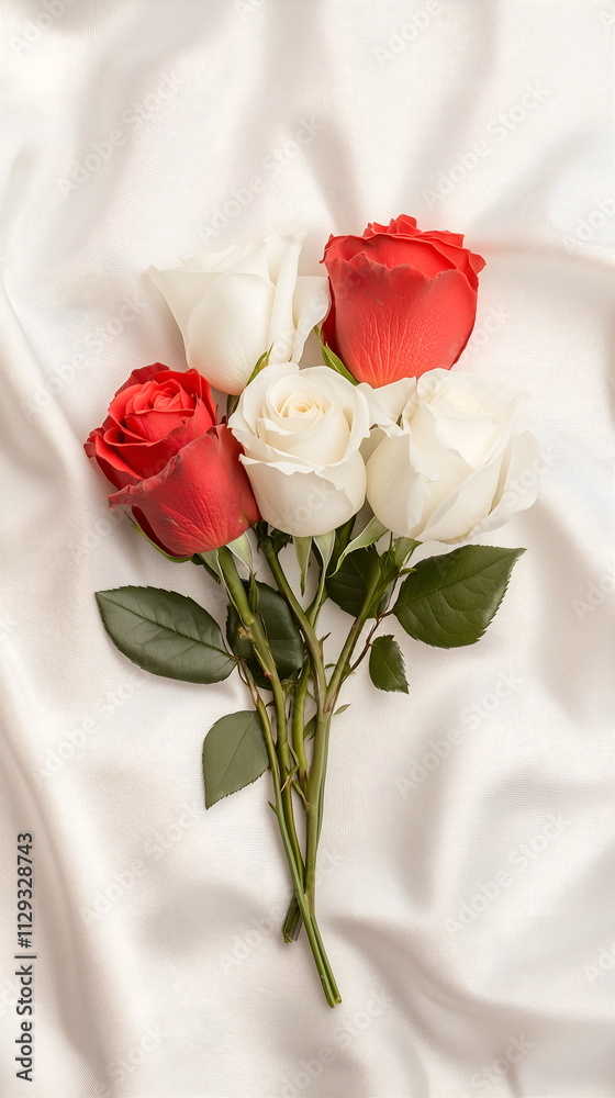 Fototapeta premium Red and white roses, beautifully arranged in a bouquet with lush green leaves, Valentines day banner