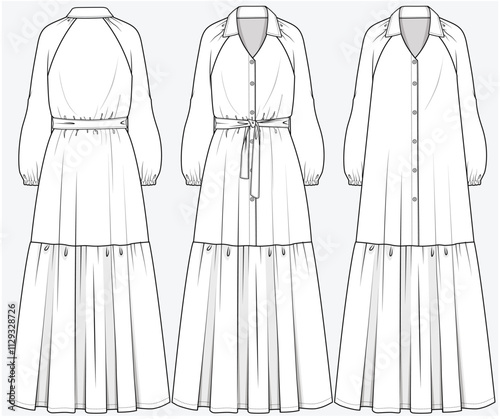 RAGLAN SLEEVES TIERED DRESS WITH BELT DETAIL DESIGNED FOR YOUNG WOMEN AND WOMEN IN VECTOR FILE