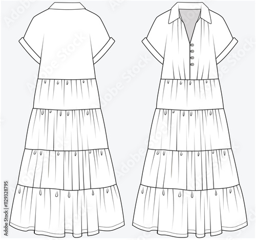 TIERED SHIRT DRESS WITH MAGYAR SLEEVES DETAIL DESIGNED FOR YOUNG WOMEN AND WOMEN IN VECTOR FILE