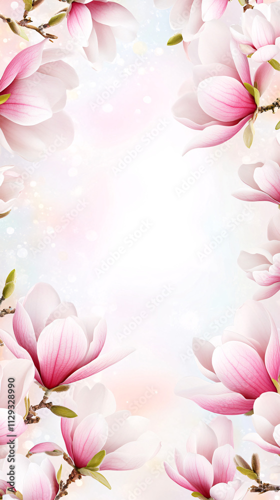 Naklejka premium A beautiful clean copy space framed by delicate pink and white magnolia flowers, creating a soft and inviting atmosphere for text or design elements