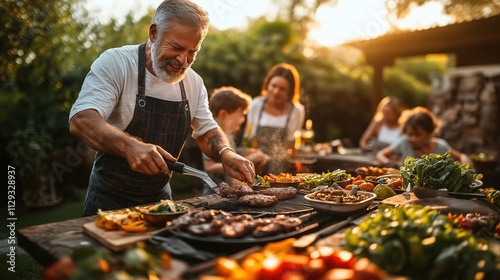Family enjoying outdoor barbecue feast in lush garden setting