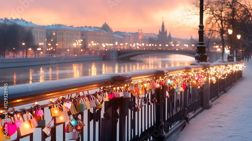 Romantic love lock scene, a bridge railing filled with colorful padlocks, golden sunset light, peaceful river below photo