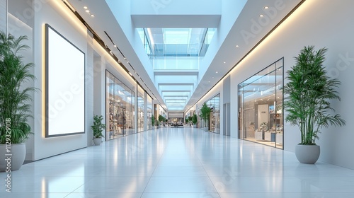 Modern shopping mall interior with natural light and minimalistic design