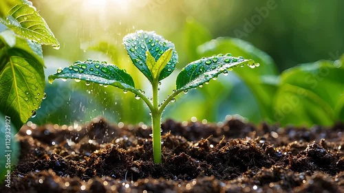 Young Green Seedling with Dewdrops Growing in Fertile Soil in a Sunlit Garden Environment

 photo