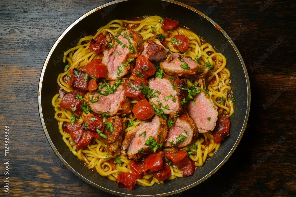 Seared pork tenderloin with pasta and roasted tomatoes in a skillet. Seared pork tenderloin with pasta and roasted tomatoes in a skillet.