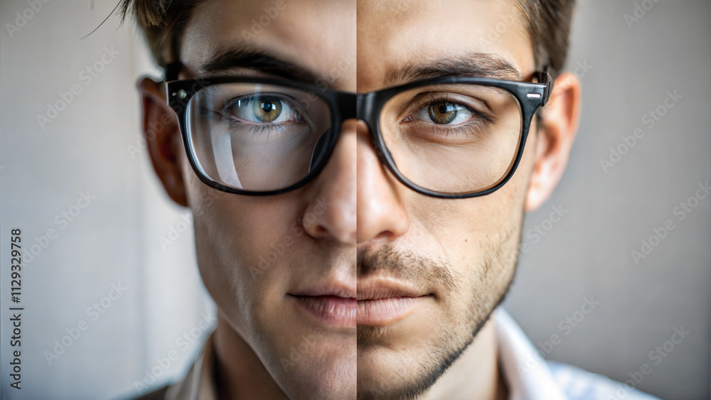 Split portrait of a man wearing glasses showing vision correction before and after Split portrait of a man wearing glasses showing vision correction before and after