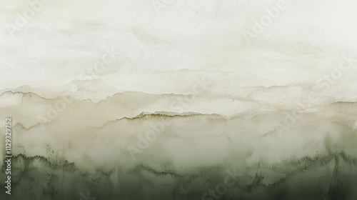 Soft green and beige watercolor painting creates an abstract mountain landscape with gentle peaks and valleys, blending seamlessly from light to dark tones