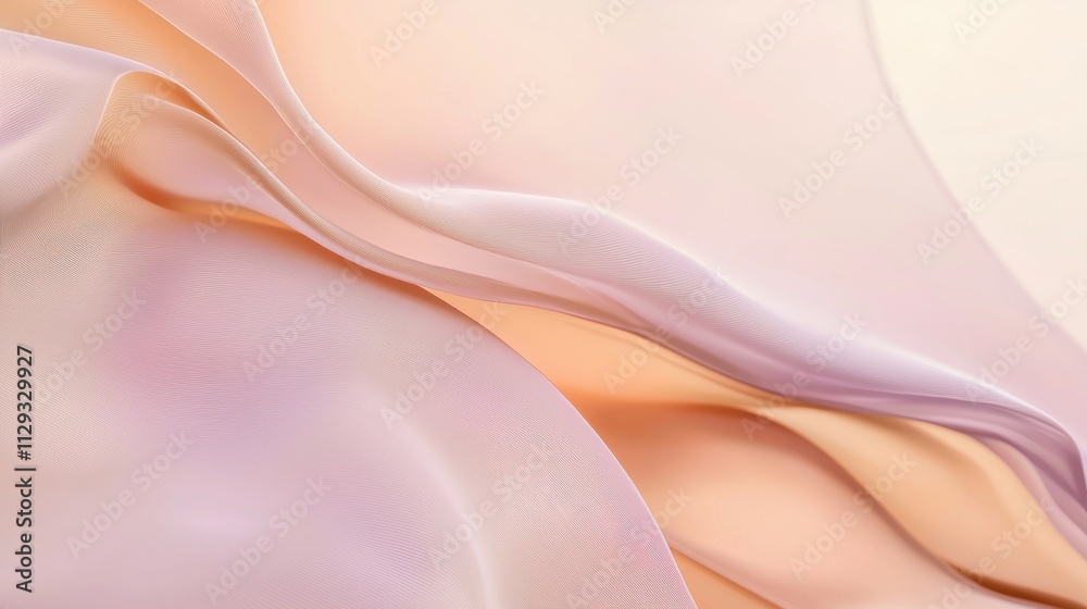 Smooth, elegant fabric in pastel pink and orange hues flows gracefully, creating abstract, wave-like shapes, perfect for backgrounds and design elements