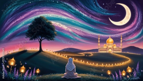 Muslim woman Sitting in front of the mosque at night. Ramadan Kareem background photo