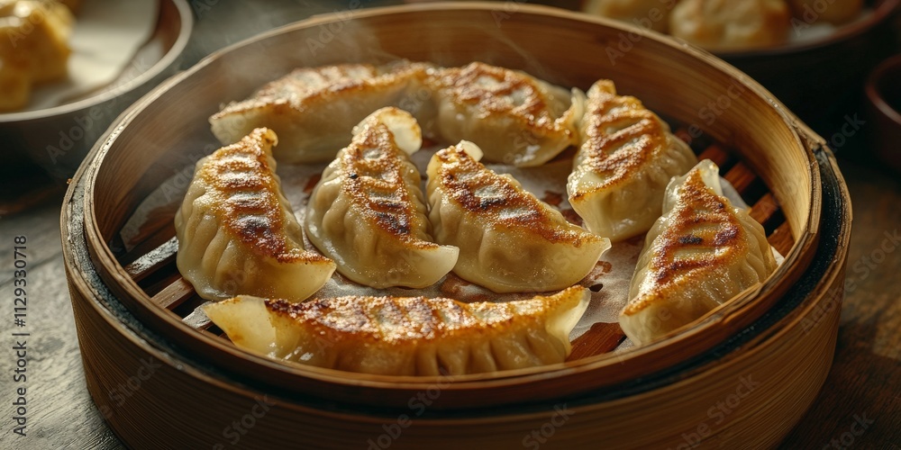 Steamed Gyoza Dumplings in Bamboo Steamer Steamed Gyoza Dumplings in Bamboo Steamer