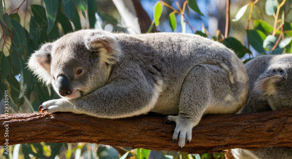 Koala resting on eucalyptus branch in natural habitat of australian bush