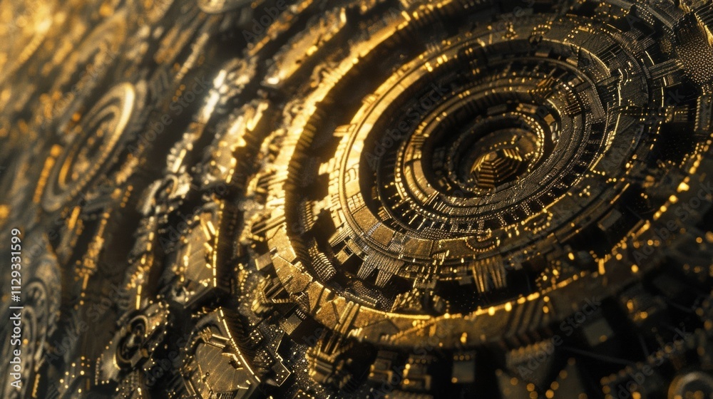 Intricate golden machinery processes data in a complex circular pattern, symbolizing the flow and management of big data within a sophisticated system Intricate golden machinery processes data in a complex circular pattern, symbolizing the flow and management of big data within a sophisticated system